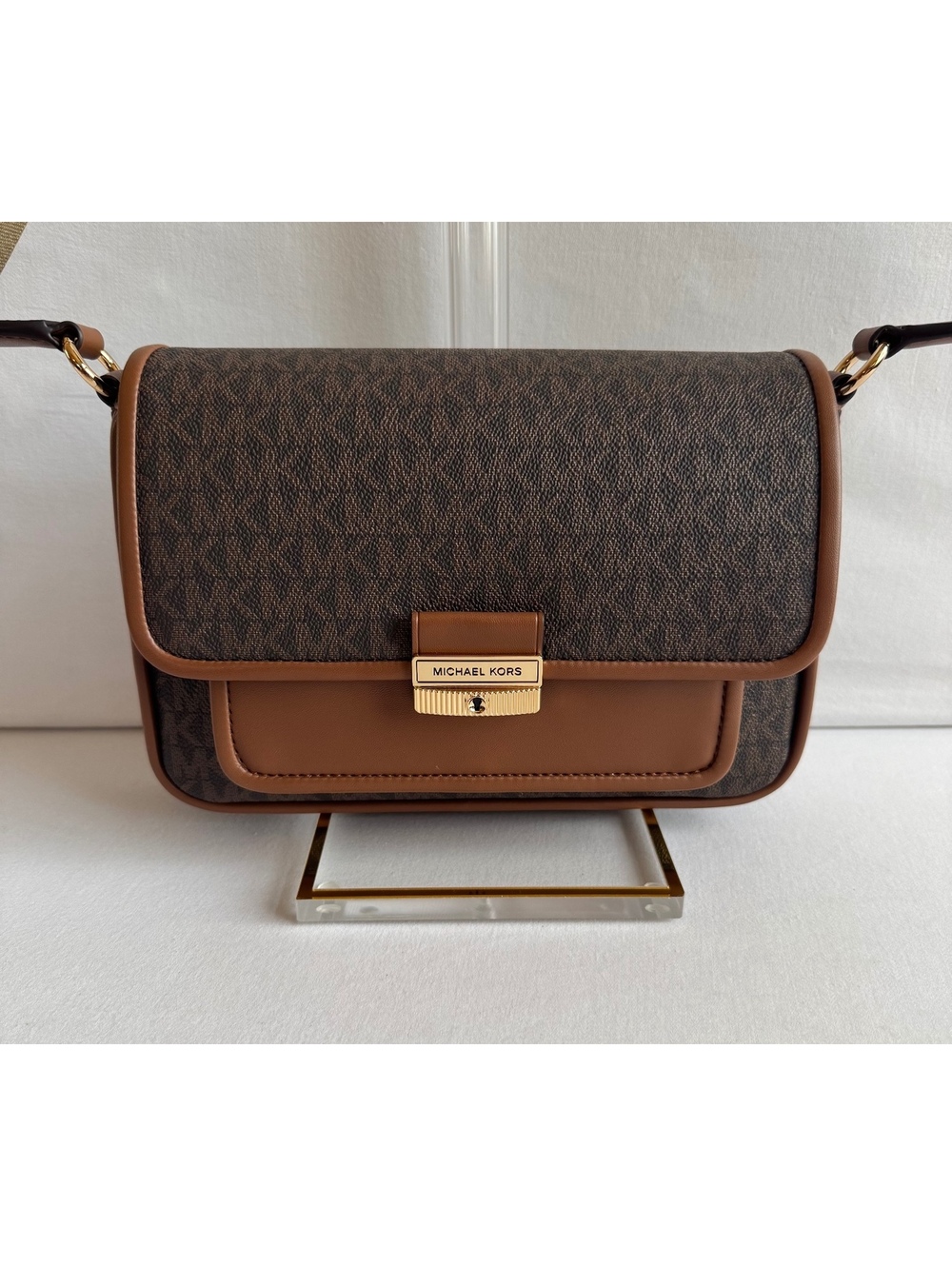 NWT Michael Kors Bradshaw Crossbody Bag Brown Signature Logo Leather Trim